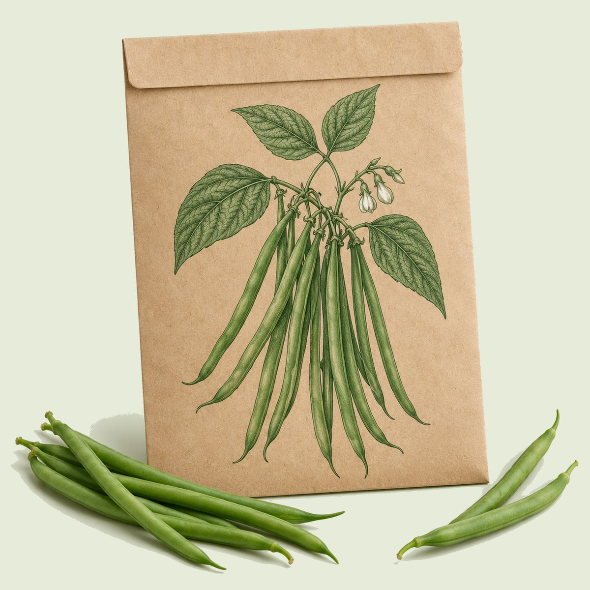Kraft seed packet illustrated with Maxibel Filet Bush Bean, with fresh Maxibel Filet Bush Bean beside it