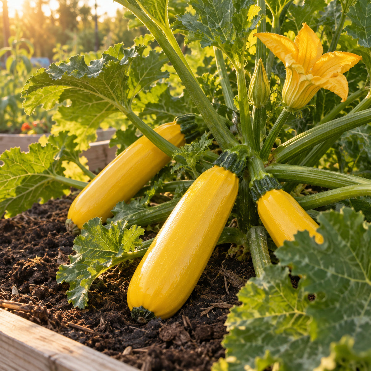 Maxs Gold Yellow Zucchini Seeds growing in a home garden