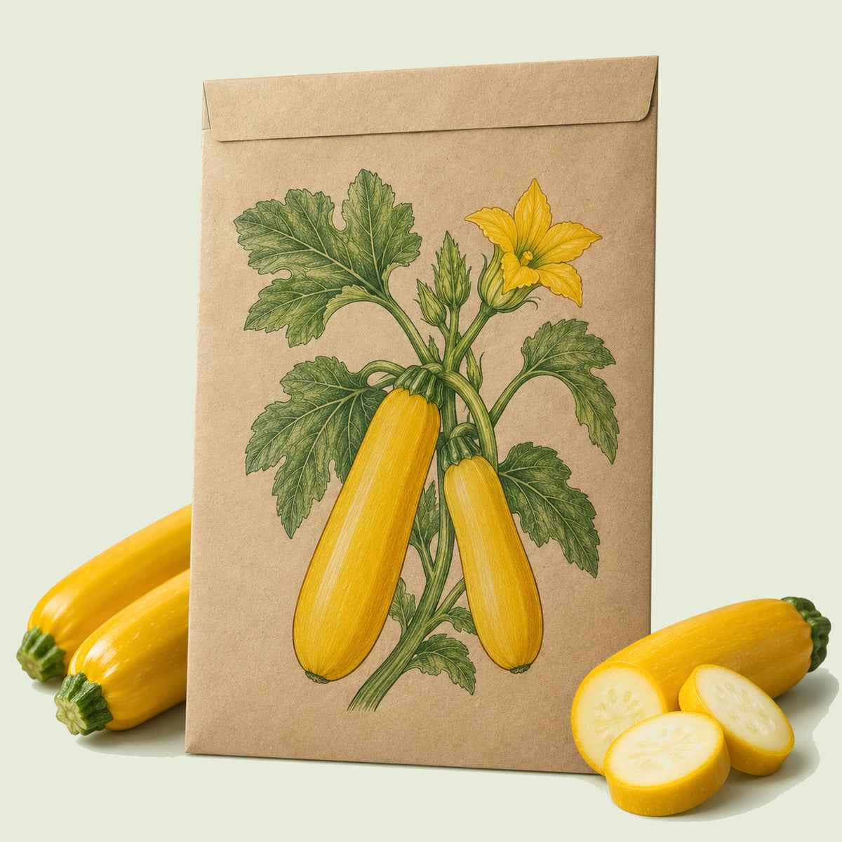 Kraft seed packet illustrated with Maxs Gold Yellow Zucchini, with fresh Maxs Gold Yellow Zucchini beside it