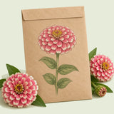 Kraft seed packet illustrated with Mazurkia Pink Zinnia Flower, with fresh Mazurkia Pink Zinnia Flower beside it