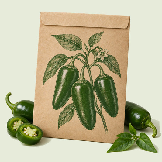 Kraft seed packet illustrated with Megatron Jalapeno Pepper, with fresh Megatron Jalapeno Pepper beside it