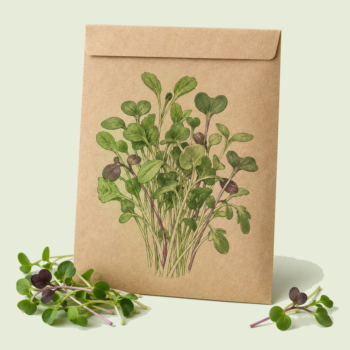 Kraft seed packet illustrated with Mellow Microgreens Blend, with fresh Mellow Microgreens Blend beside it