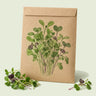 Kraft seed packet illustrated with Mellow Microgreens Blend, with fresh Mellow Microgreens Blend beside it