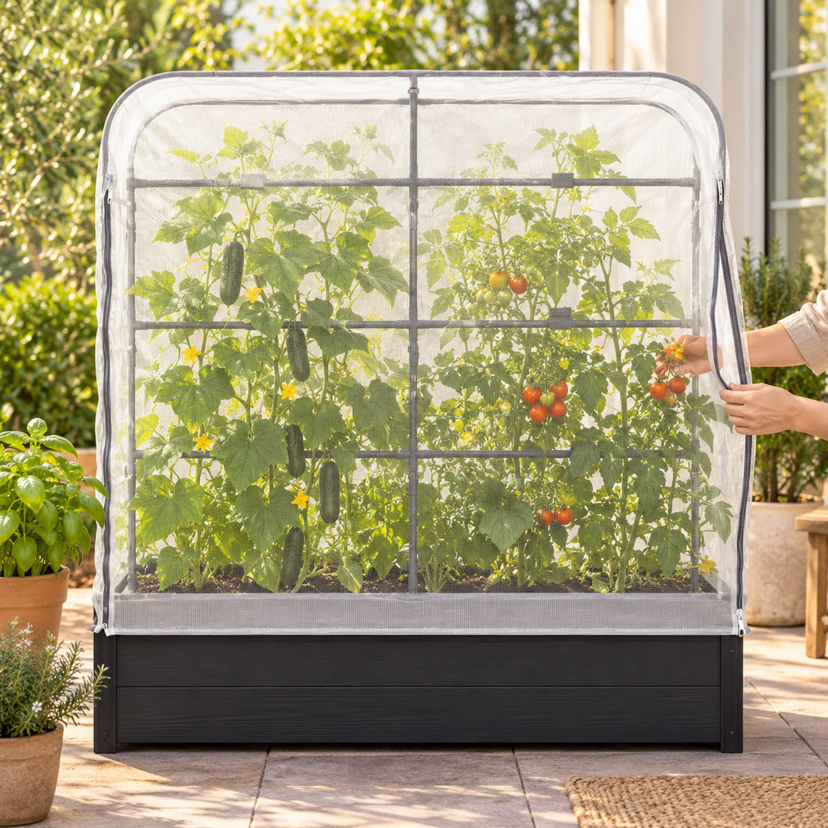 Mesh Cover and Trellis for 21 x 48 Inch Planter in use in a home garden