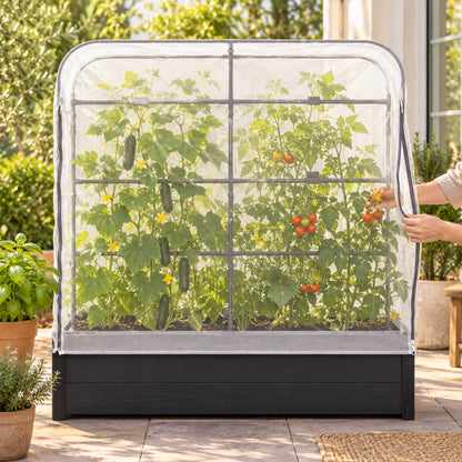 Mesh Cover and Trellis for 21 x 48 Inch Planter in use in a home garden