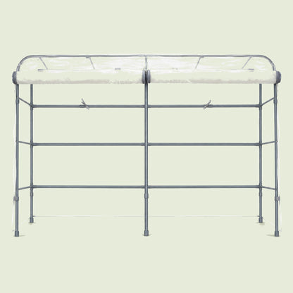 Mesh Cover and Trellis for Rolling Garden Bed on a soft green background