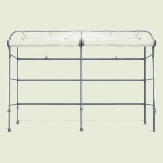 Mesh Cover and Trellis for Rolling Garden Bed on a soft green background
