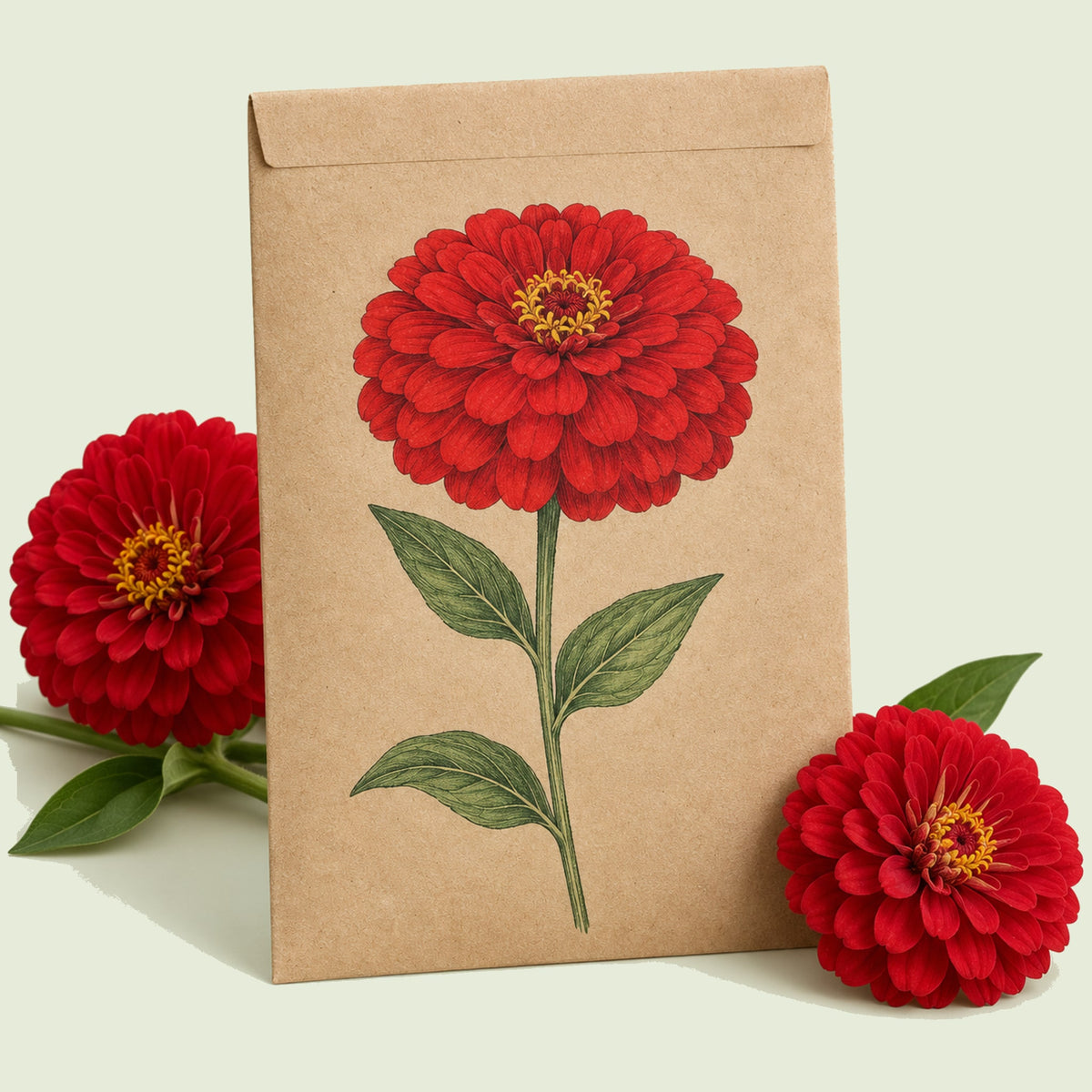Kraft seed packet illustrated with Meteor Zinnia, with fresh Meteor Zinnia beside it