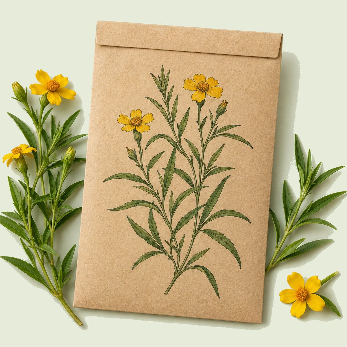 Kraft seed packet illustrated with Mexican Tarragon Herb, with fresh Mexican Tarragon Herb beside it