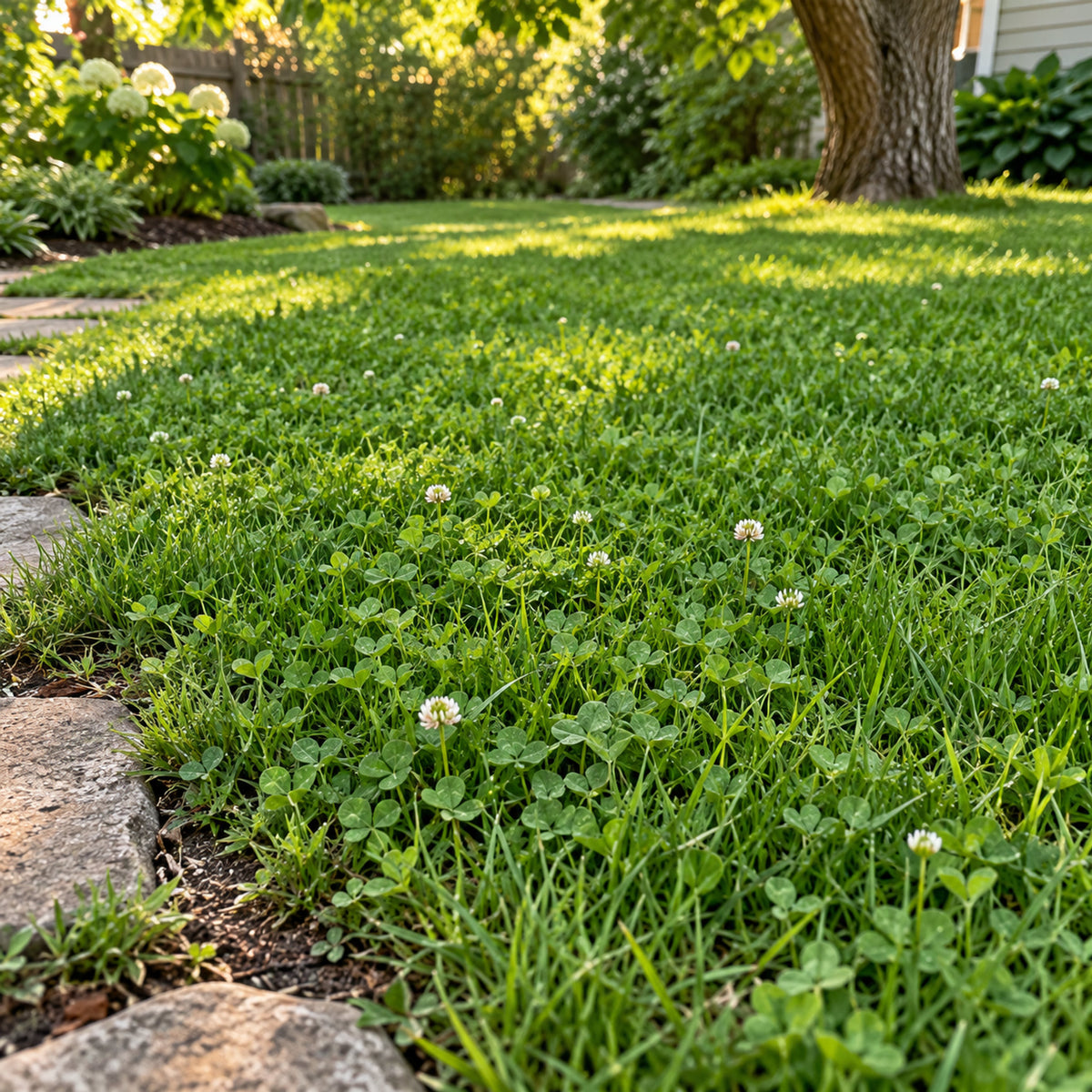 Microclover and Fescue Lawn Mix Seed Shaker growing in a home garden