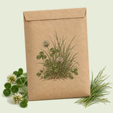 Kraft seed packet illustrated with Microclover and Fescue Lawn Mix Seed Shaker, with fresh Microclover and Fescue Lawn Mix Seed Shaker beside it