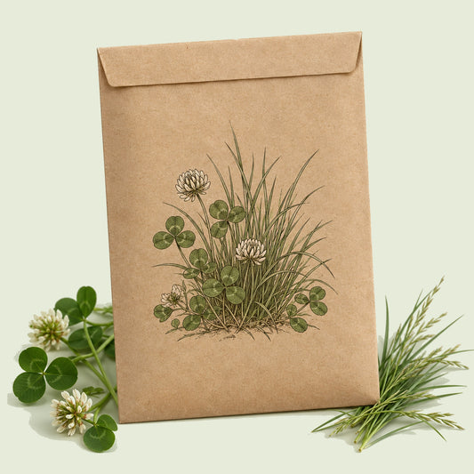 Kraft seed packet illustrated with Microclover and Fescue Lawn Mix Seed Shaker, with fresh Microclover and Fescue Lawn Mix Seed Shaker beside it