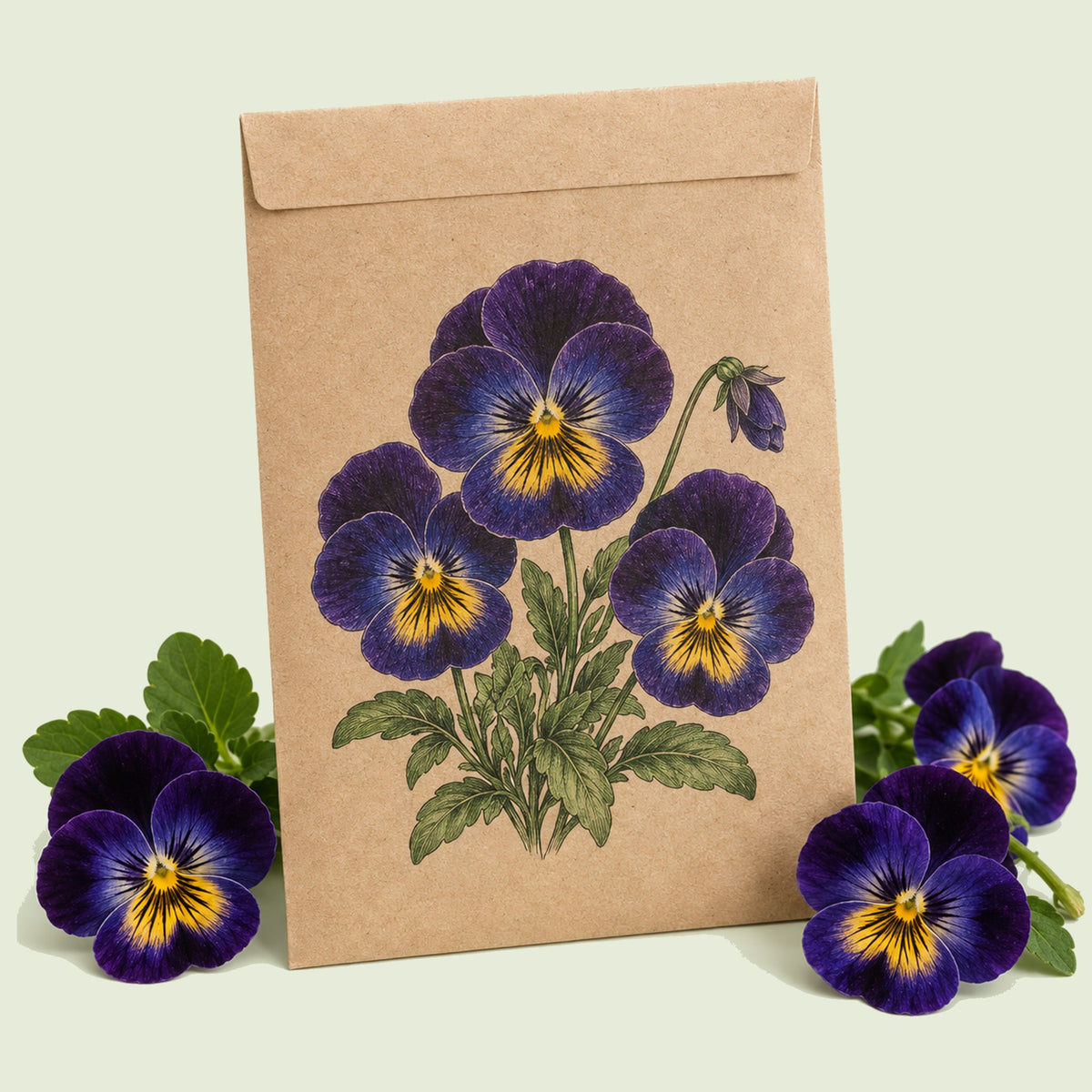 Kraft seed packet illustrated with Midnight Glow Pansy, with fresh Midnight Glow Pansy beside it