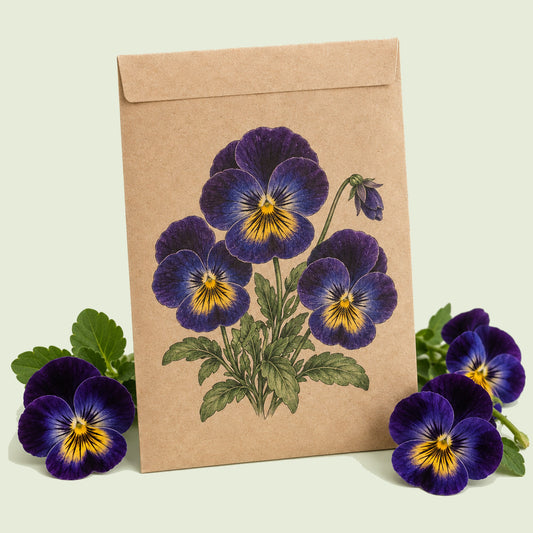 Kraft seed packet illustrated with Midnight Glow Pansy, with fresh Midnight Glow Pansy beside it
