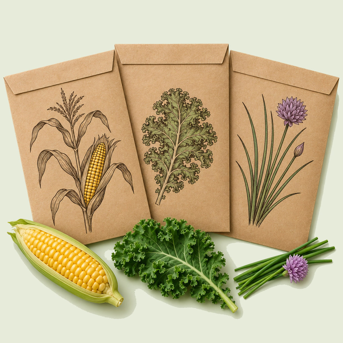 Kraft seed packet illustrated with Midwest Garden Seed Bundle, with fresh Midwest Garden Seed Bundle beside it