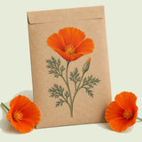 Kraft seed packet illustrated with Mikado California Poppy Flower, with fresh Mikado California Poppy Flower beside it