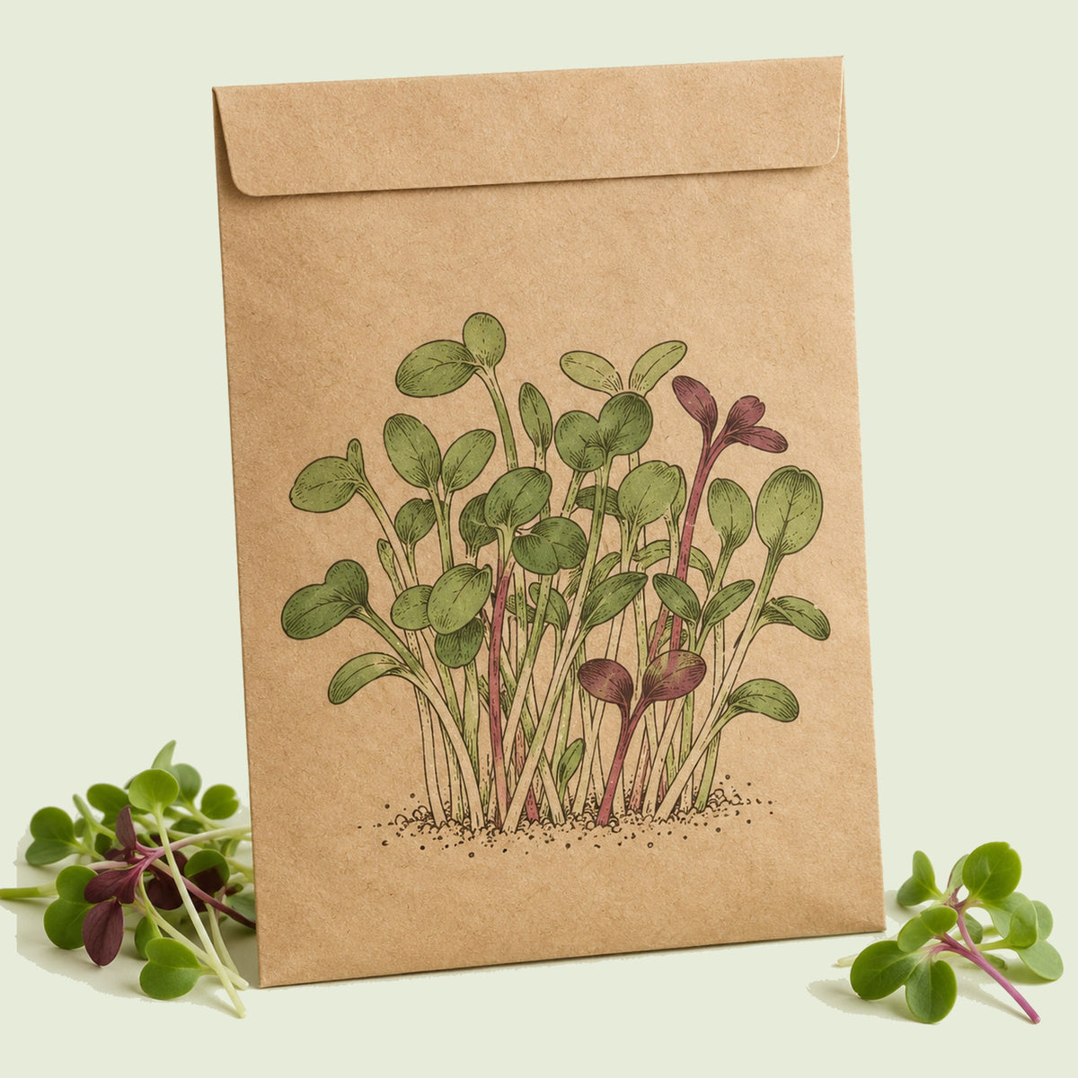 Kraft seed packet illustrated with Mild Microgreens Mix, with fresh Mild Microgreens Mix beside it