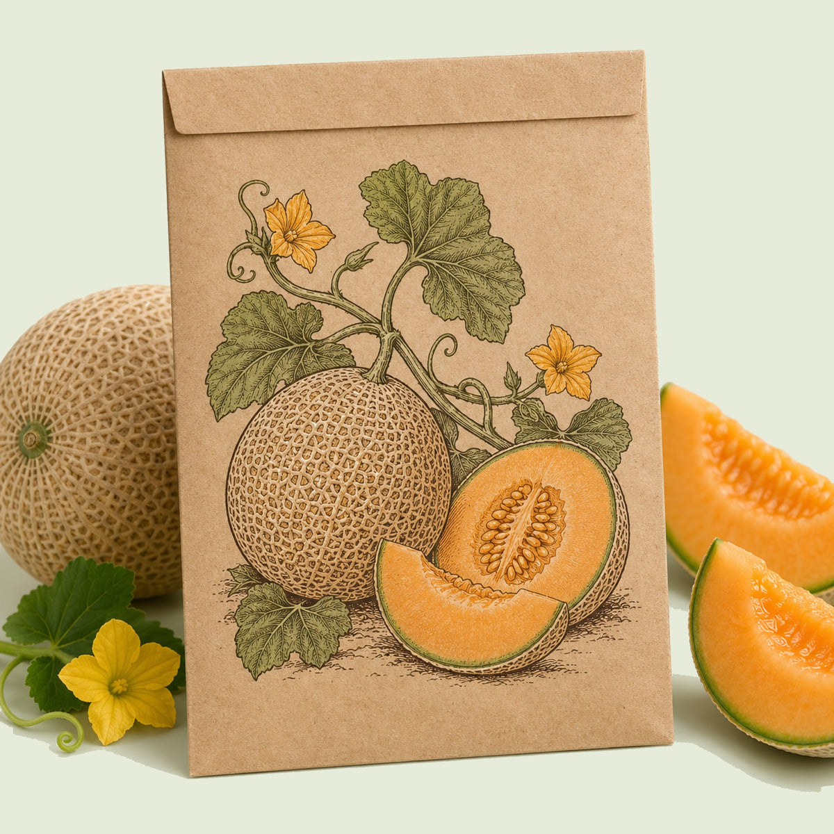 Kraft seed packet illustrated with Minnesota Midget Cantaloupe, with fresh Minnesota Midget Cantaloupe beside it