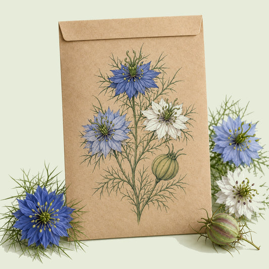 Kraft seed packet illustrated with Miss Jekyll Love In A Mist Blend, with fresh Miss Jekyll Love In A Mist Blend beside it
