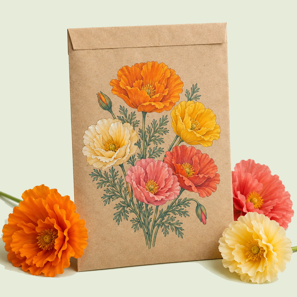 Kraft seed packet illustrated with Mission Bells California Poppy, with fresh Mission Bells California Poppy beside it