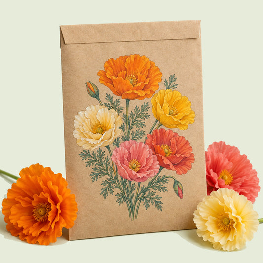 Kraft seed packet illustrated with Mission Bells California Poppy, with fresh Mission Bells California Poppy beside it