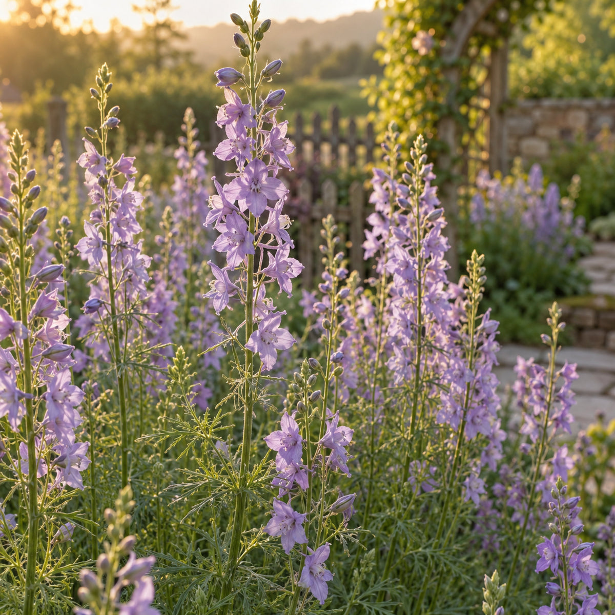 Misty Lavender Larkspur Seeds growing in a home garden