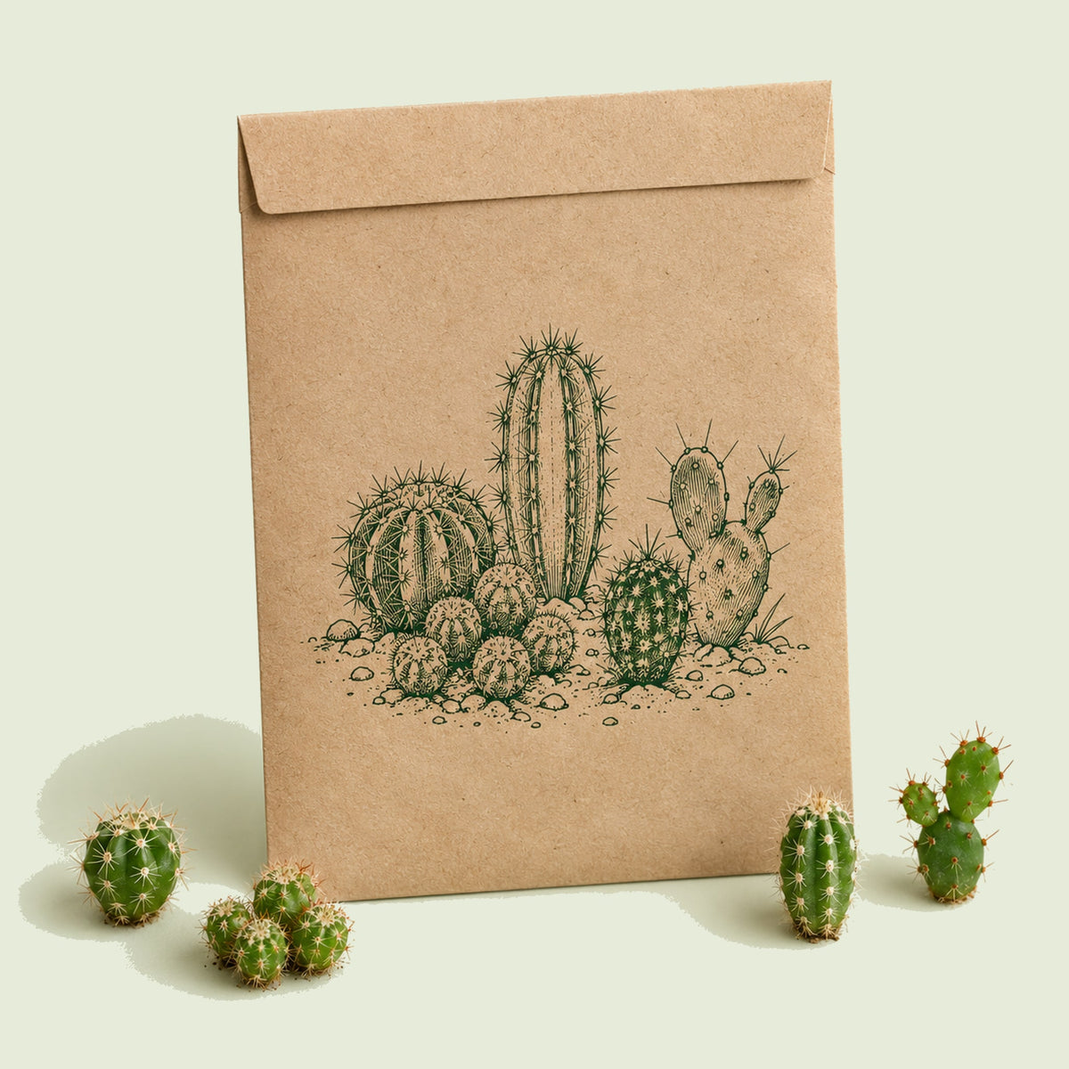 Kraft seed packet illustrated with Mixed Cacti, with fresh Mixed Cacti beside it