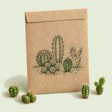 Kraft seed packet illustrated with Mixed Cacti, with fresh Mixed Cacti beside it
