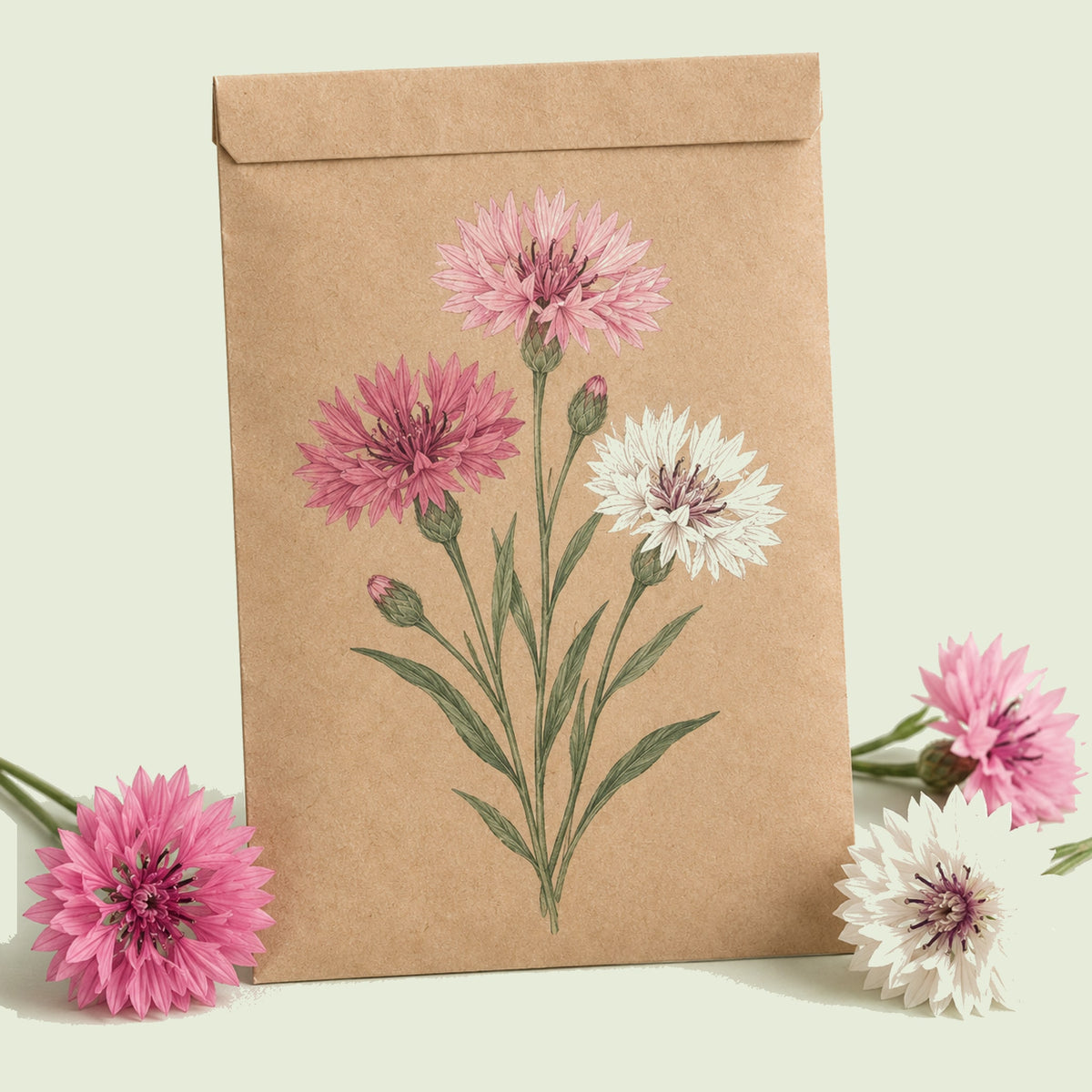 Kraft seed packet illustrated with Mixed Cornflower, with fresh Mixed Cornflower beside it