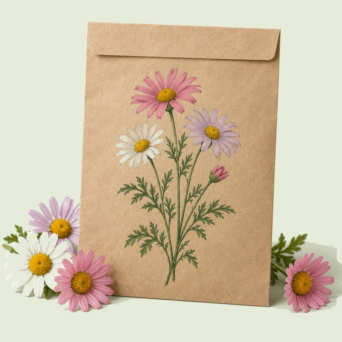 Kraft seed packet illustrated with Mixed Pyrethrum, with fresh Mixed Pyrethrum beside it