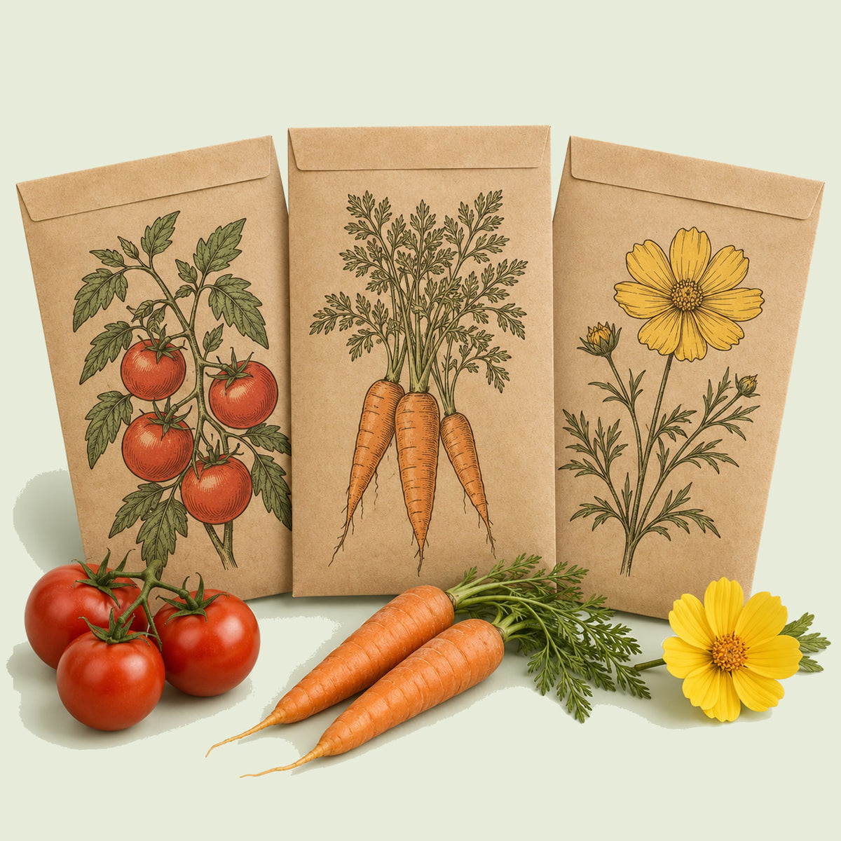 Kraft seed packet illustrated with Mixed Vegetable And Flower Seed Bundle, with fresh Mixed Vegetable And Flower Seed Bundle beside it