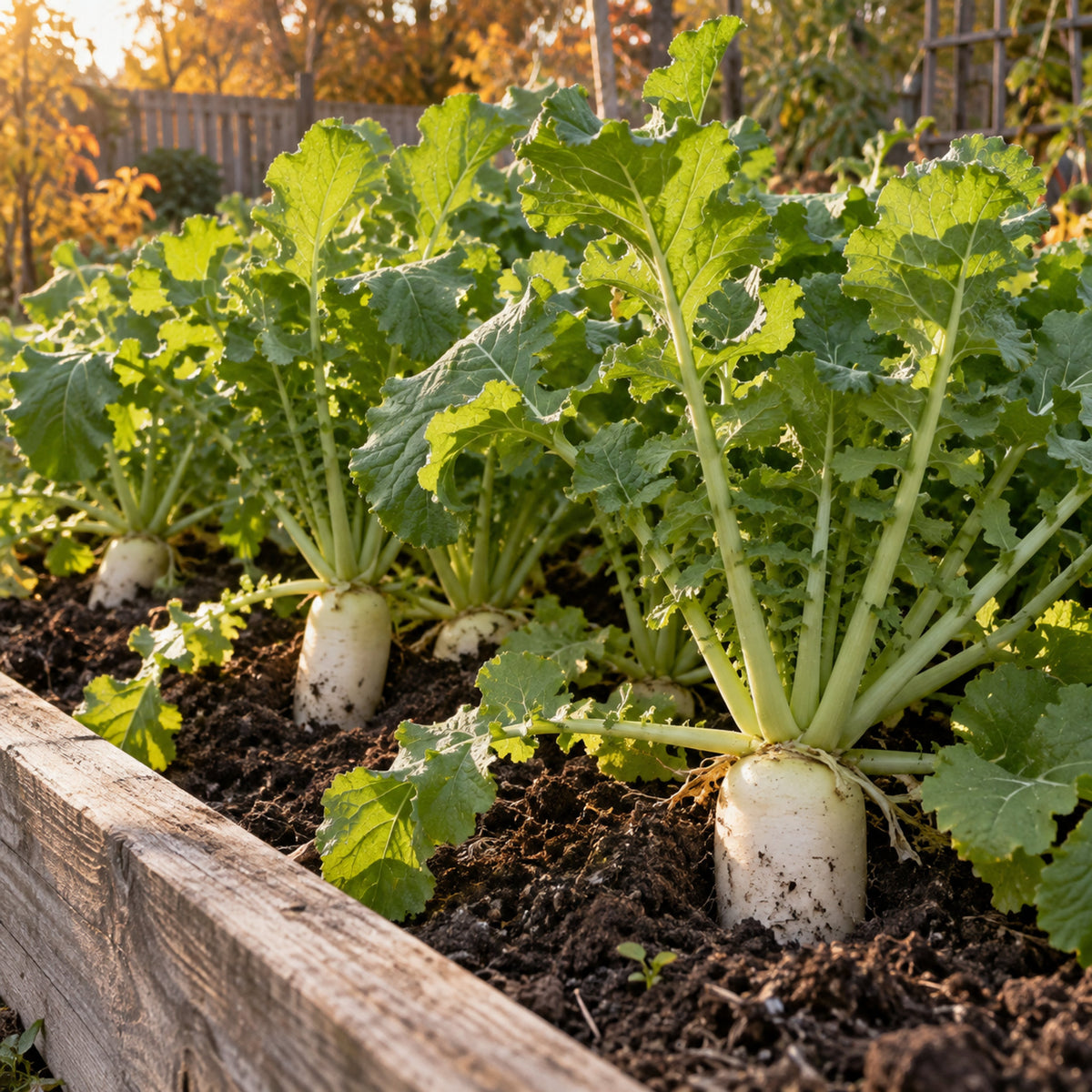 Miyashige White Daikon Radish Seeds growing in a home garden