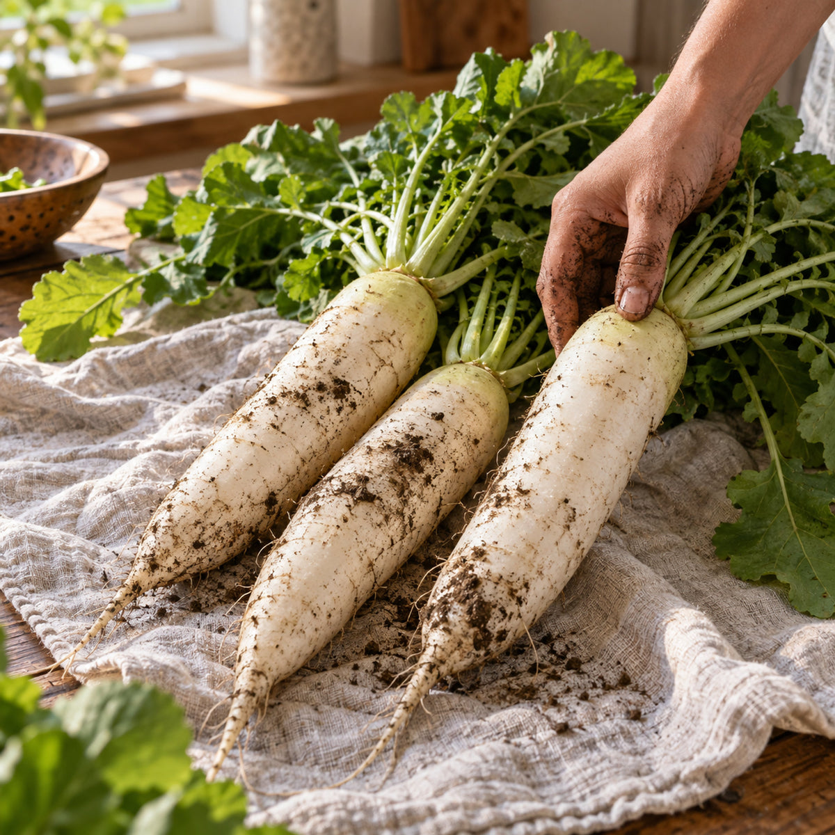 Miyashige White Daikon Radish Seeds harvest up close