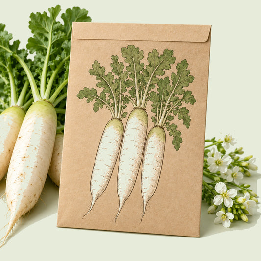 Kraft seed packet illustrated with Miyashige White Daikon Radish, with fresh Miyashige White Daikon Radish beside it