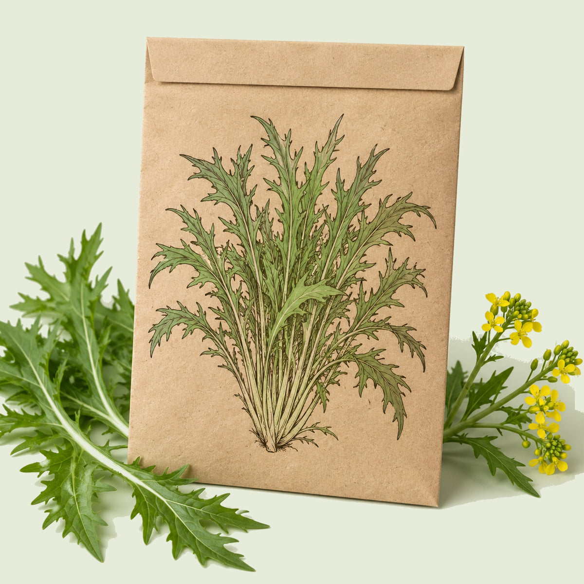 Kraft seed packet illustrated with Mizuna Mustard, with fresh Mizuna Mustard beside it