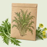Kraft seed packet illustrated with Mizuna Mustard, with fresh Mizuna Mustard beside it
