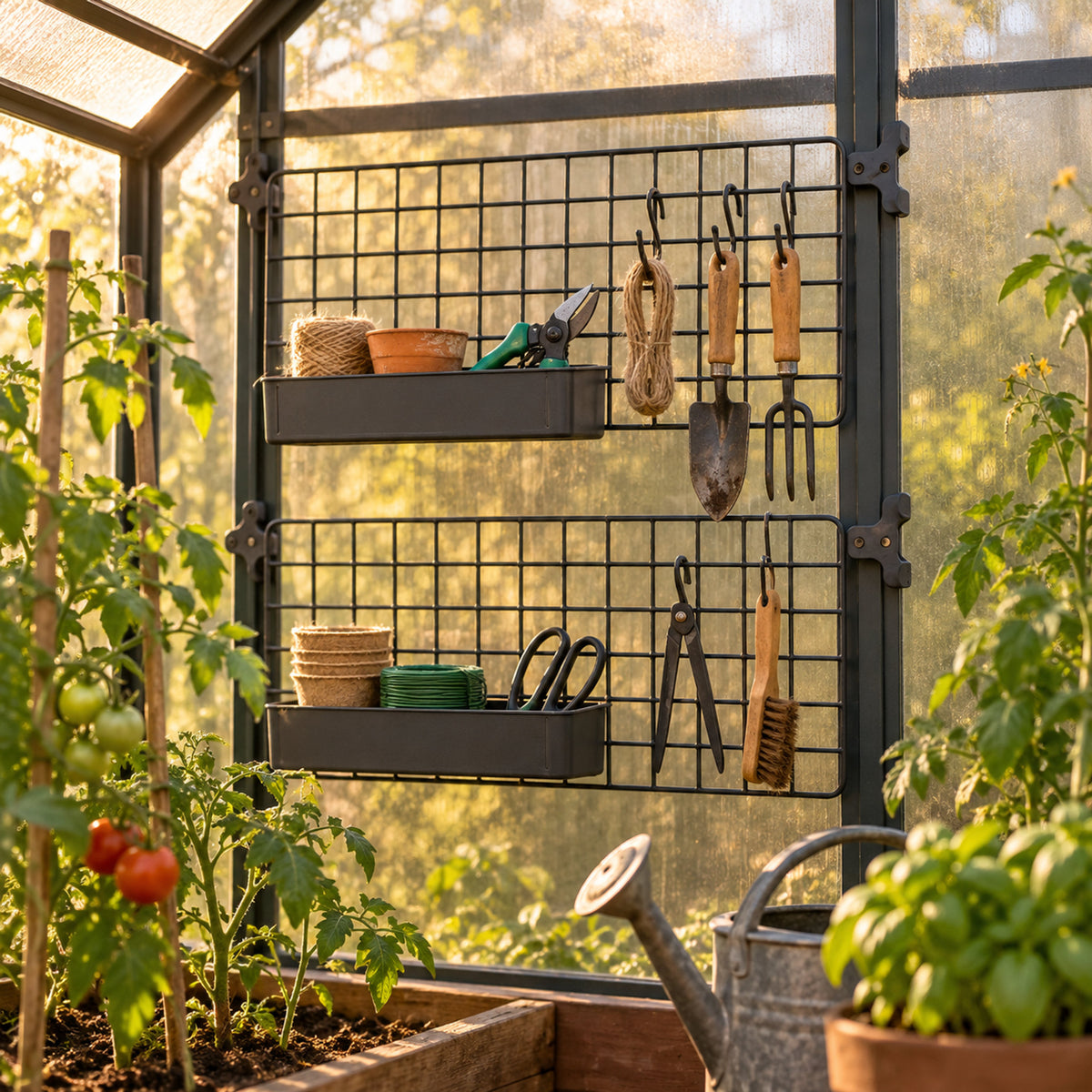 Modular Greenhouse Hanging Grid in use in a home garden