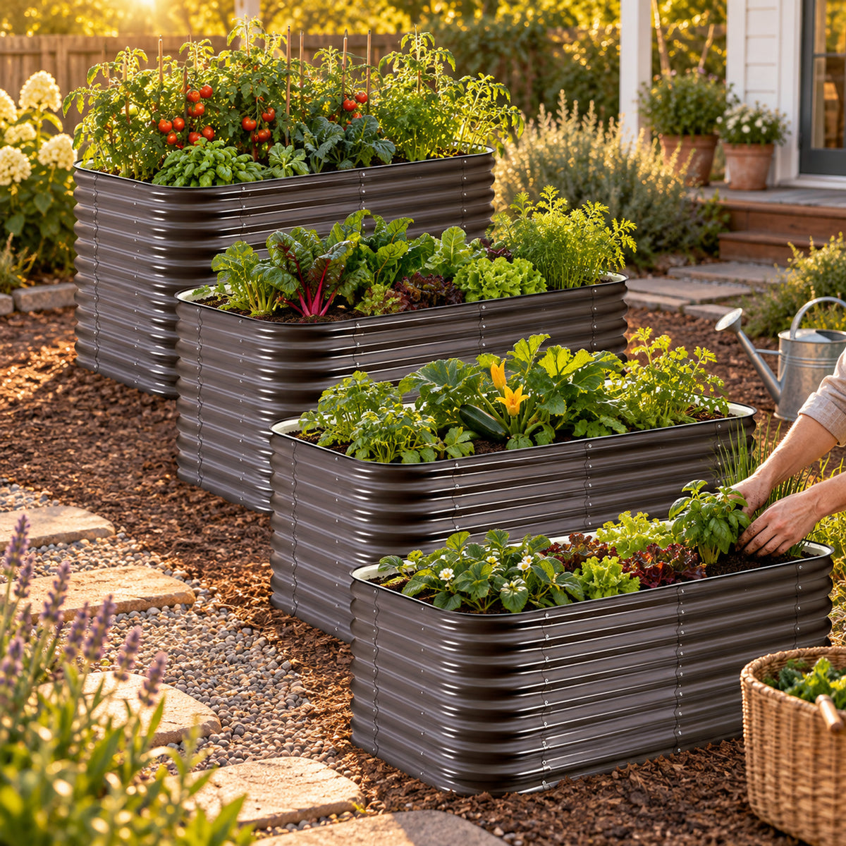 Modular Metal Raised Garden Bed Set in use in a home garden