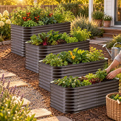 Modular Metal Raised Garden Bed Set in use in a home garden
