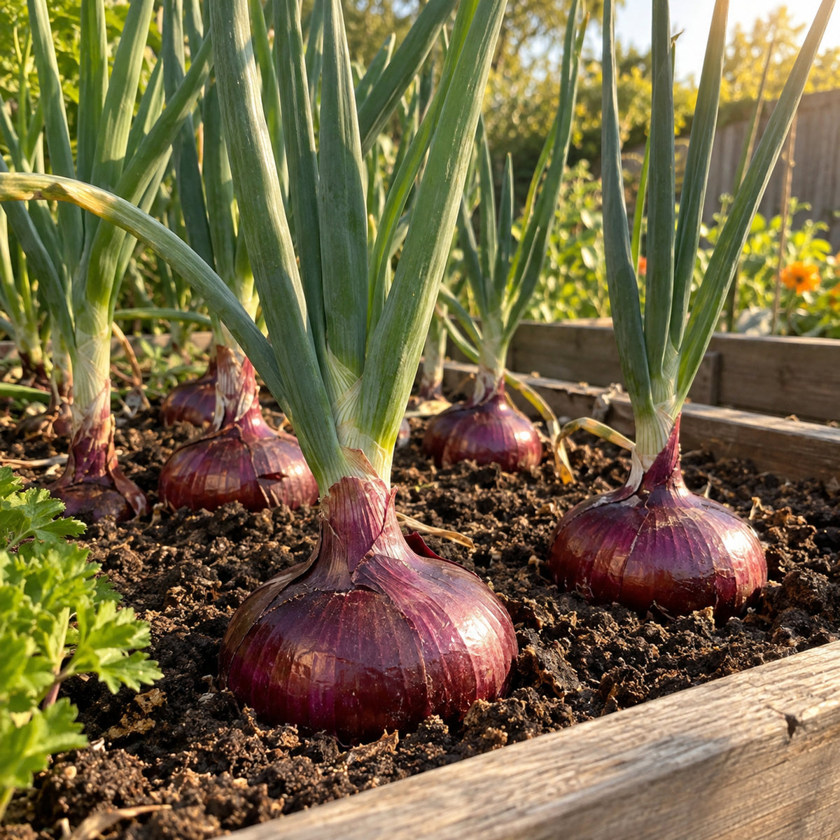 Monastrell Red Onion Seeds growing in a home garden