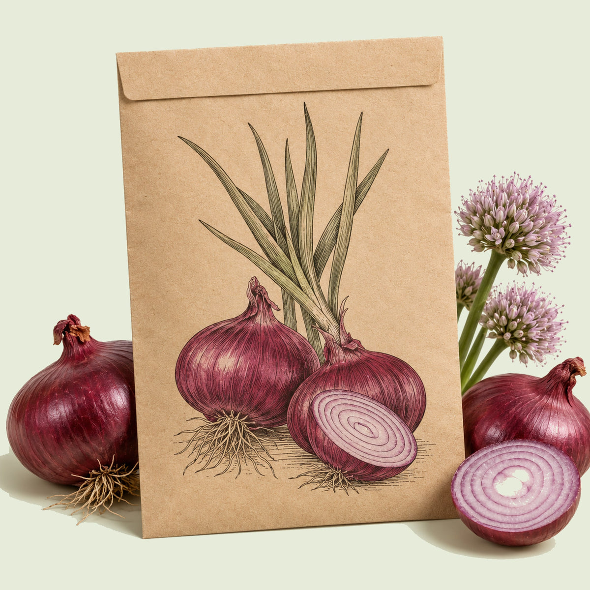 Kraft seed packet illustrated with Monastrell Red Onion, with fresh Monastrell Red Onion beside it