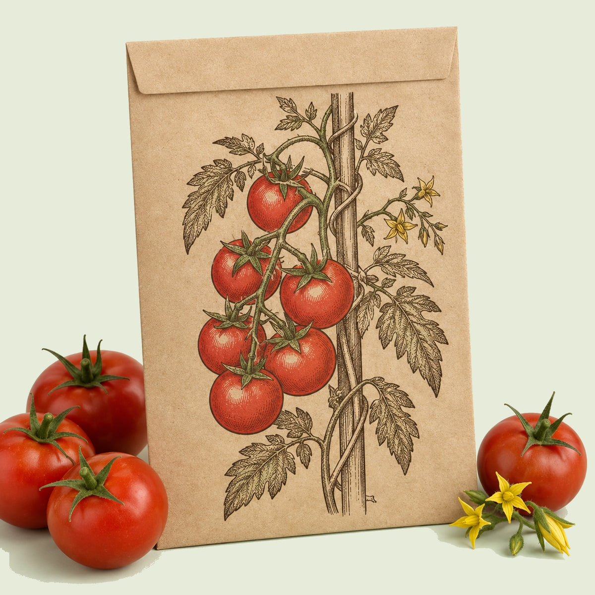 Kraft seed packet illustrated with Moneymaker Pole Tomato, with fresh Moneymaker Pole Tomato beside it