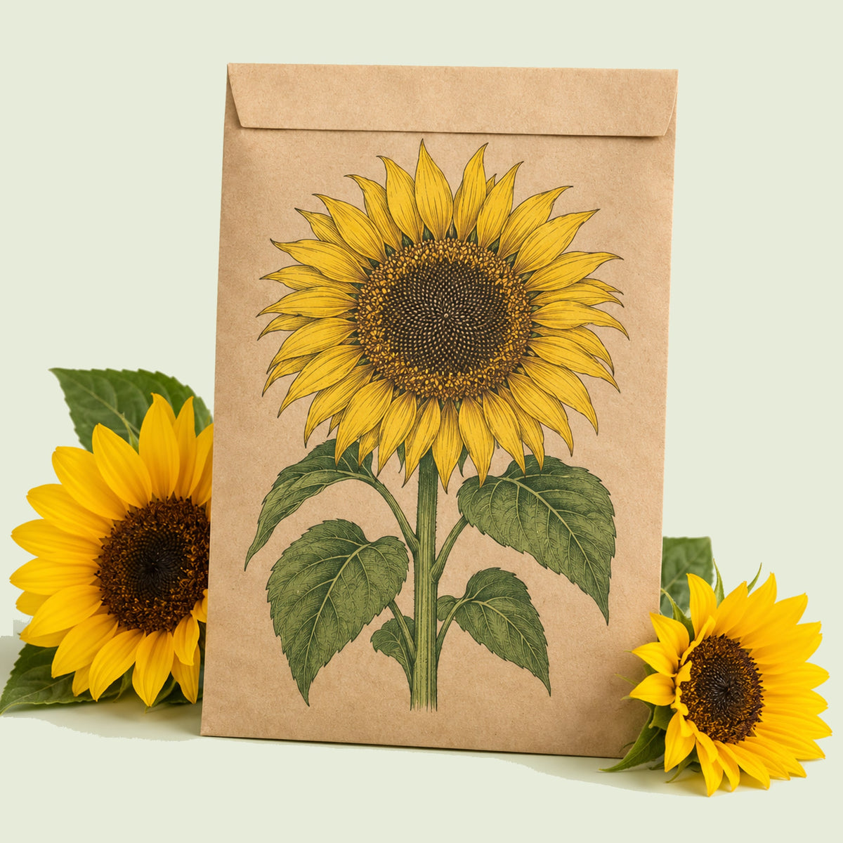 Kraft seed packet illustrated with Mongolian Giant Sunflower, with fresh Mongolian Giant Sunflower beside it