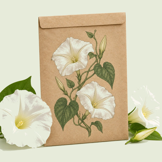 Kraft seed packet illustrated with Moonflower Heirloom, with fresh Moonflower Heirloom beside it