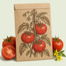 Kraft seed packet illustrated with Moskvich Pole Tomato, with fresh Moskvich Pole Tomato beside it