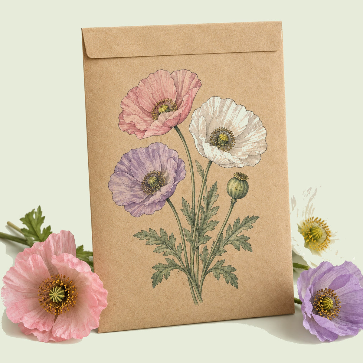 Kraft seed packet illustrated with Mother of Pearl Poppy, with fresh Mother of Pearl Poppy beside it