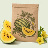 Kraft seed packet illustrated with Mountain Sweet Yellow Watermelon, with fresh Mountain Sweet Yellow Watermelon beside it