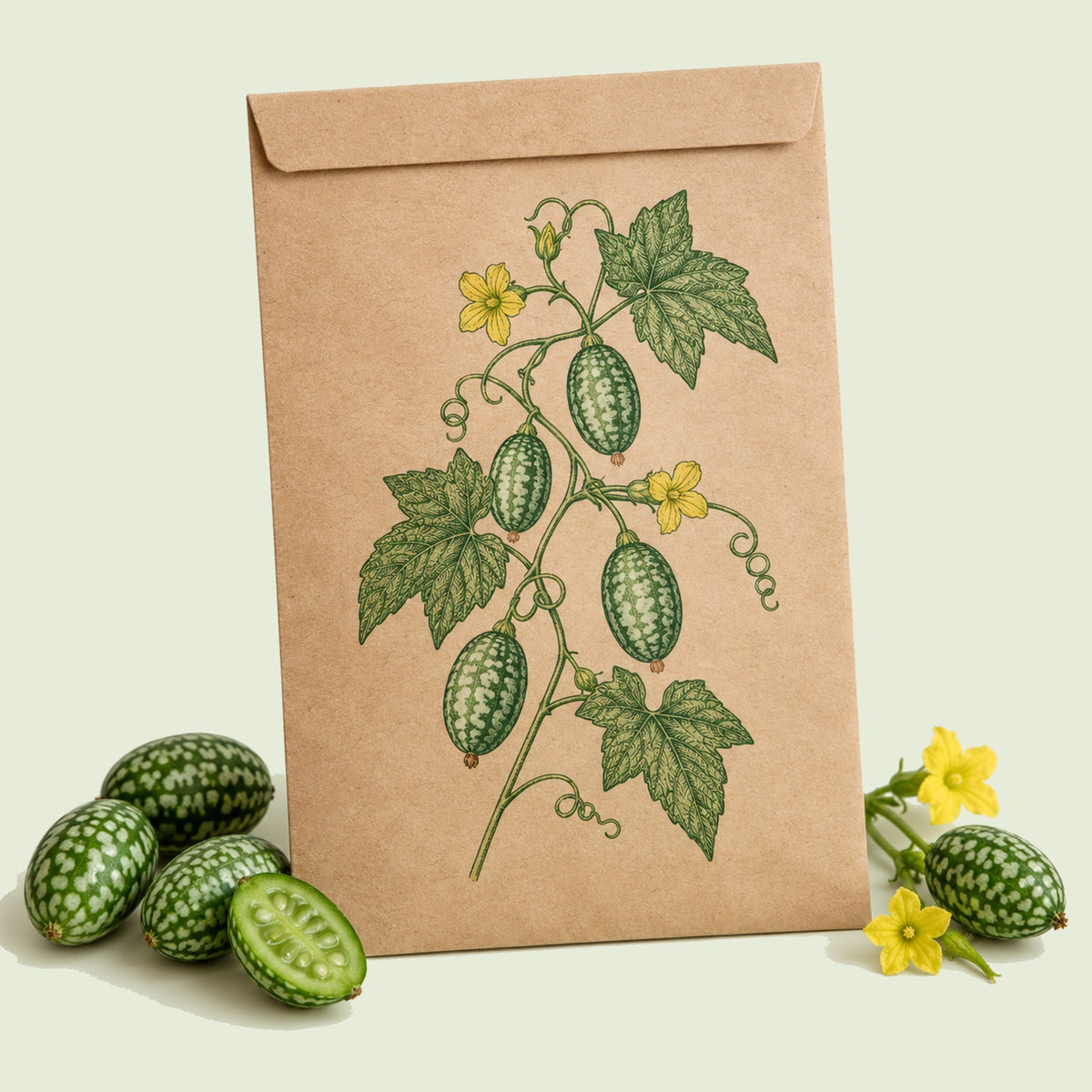 Kraft seed packet illustrated with Mouse Melon Cucamelon, with fresh Mouse Melon Cucamelon beside it