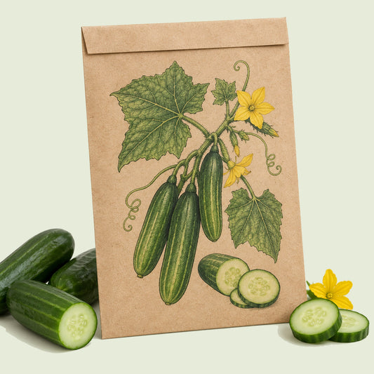 Kraft seed packet illustrated with Muncher Persian Cucumber, with fresh Muncher Persian Cucumber beside it
