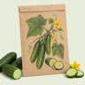Kraft seed packet illustrated with Muncher Persian Cucumber, with fresh Muncher Persian Cucumber beside it